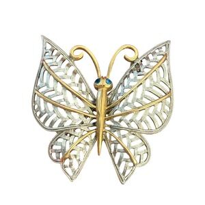 Vintage 1970s Avon Two Tone Butterfly Pin Brooch Blue Rhinestone Eyes‎